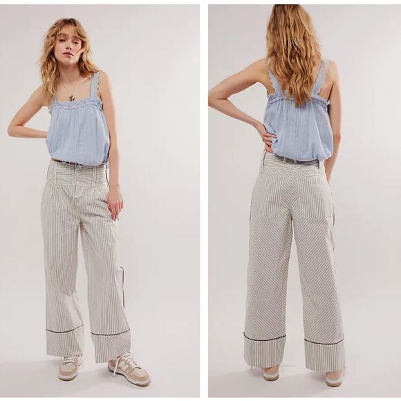 Free People Pants - FREE PEOPLE Good Call Striped High-Waist Wide Leg Trouser Gray Sz S $108 {PP34}
